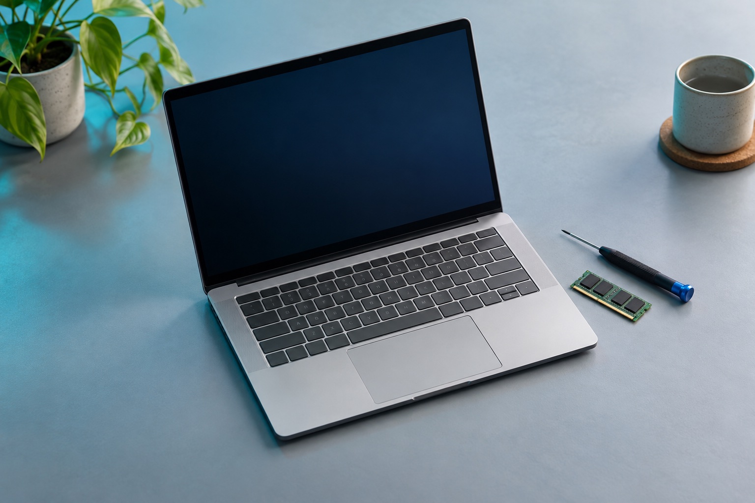 Illustrative laptop, memory module and precision screwdriver on a desk
